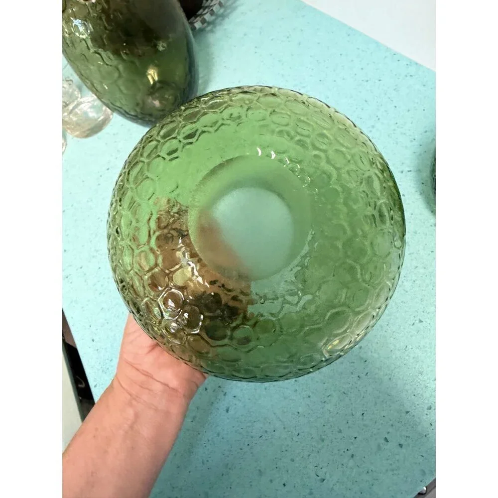 Vintage Set of 2 Hand-blown Art Glass Owls Green Honeycomb Pattern MCM